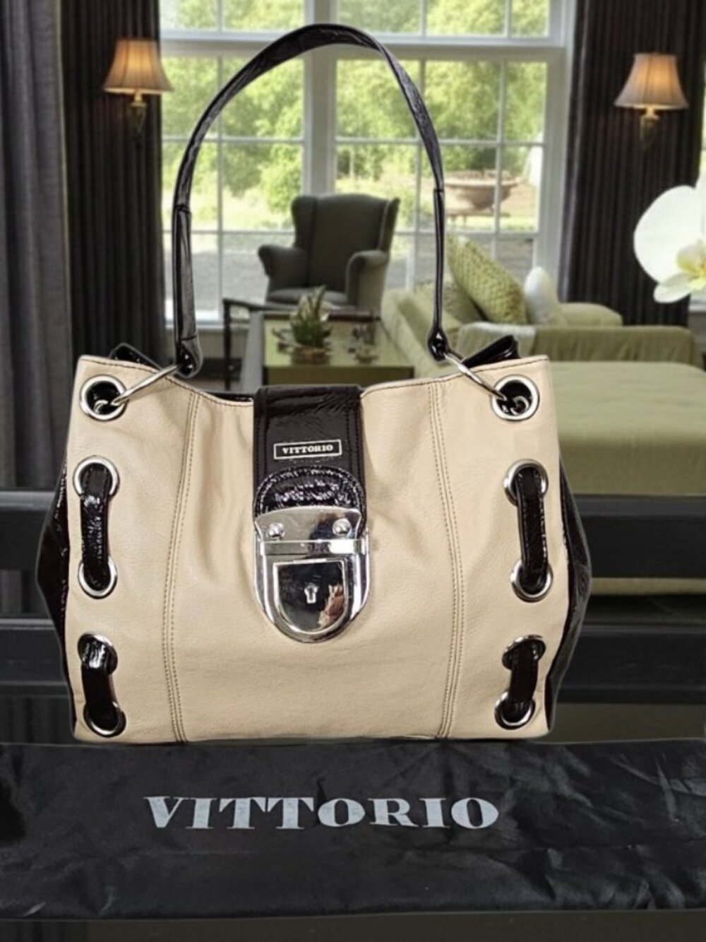 Vittorio Y2K Cream & Brown Colorblock Push Lock Vegan Shoulder Bag Dust Bag